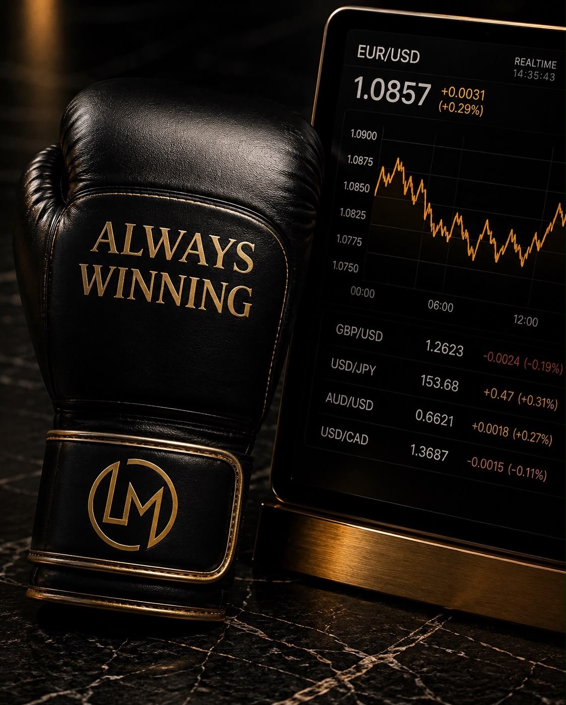 Boxing glove alongside a financial terminal showing live currency rates